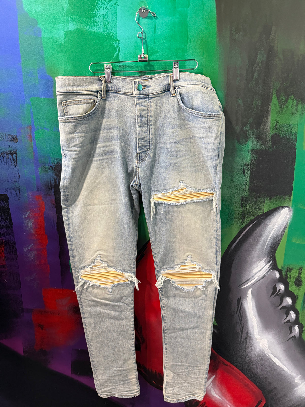Amiri MX1 Yellow Patch Light Wash Blue Jeans