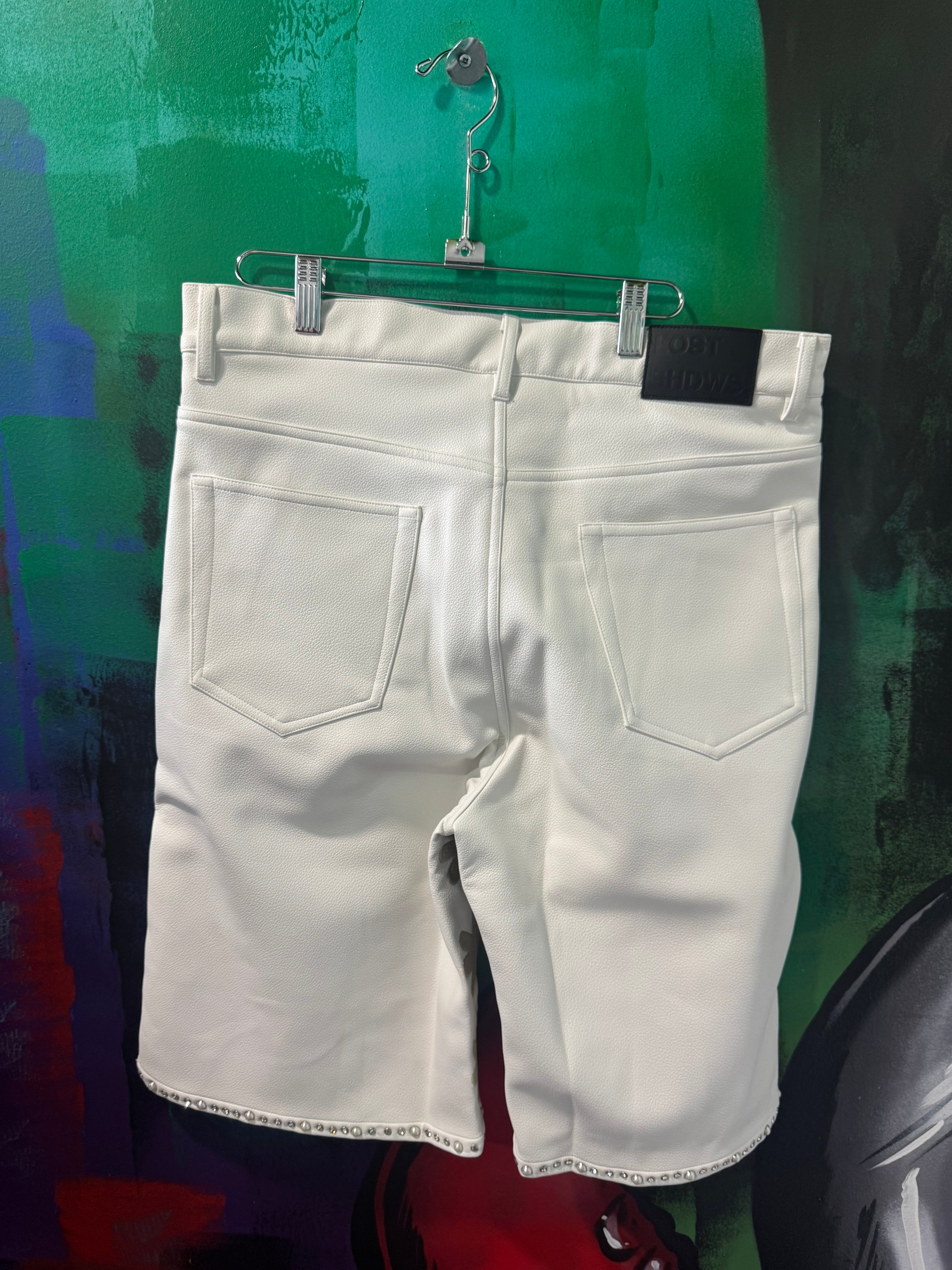 Lost Shdws Embellished Sun Logo White Leather Shorts