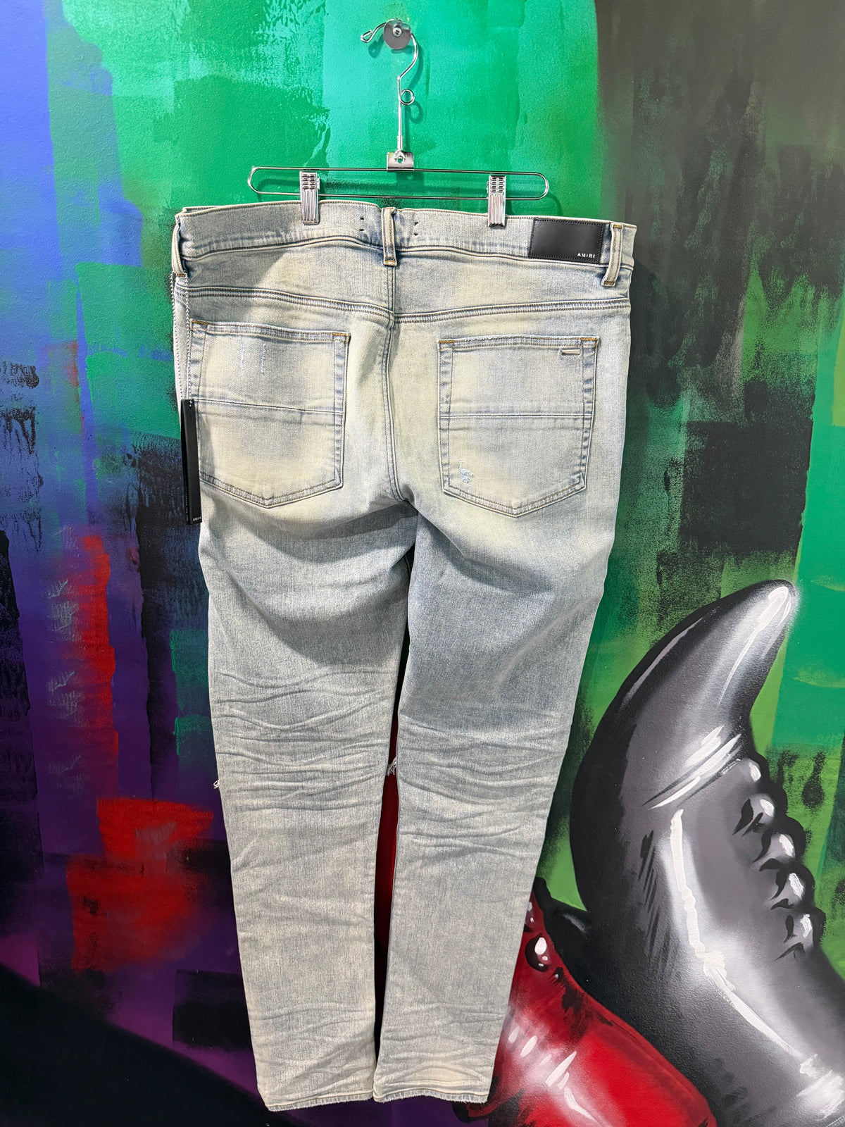 Amiri MX1 Yellow Patch Light Wash Blue Jeans