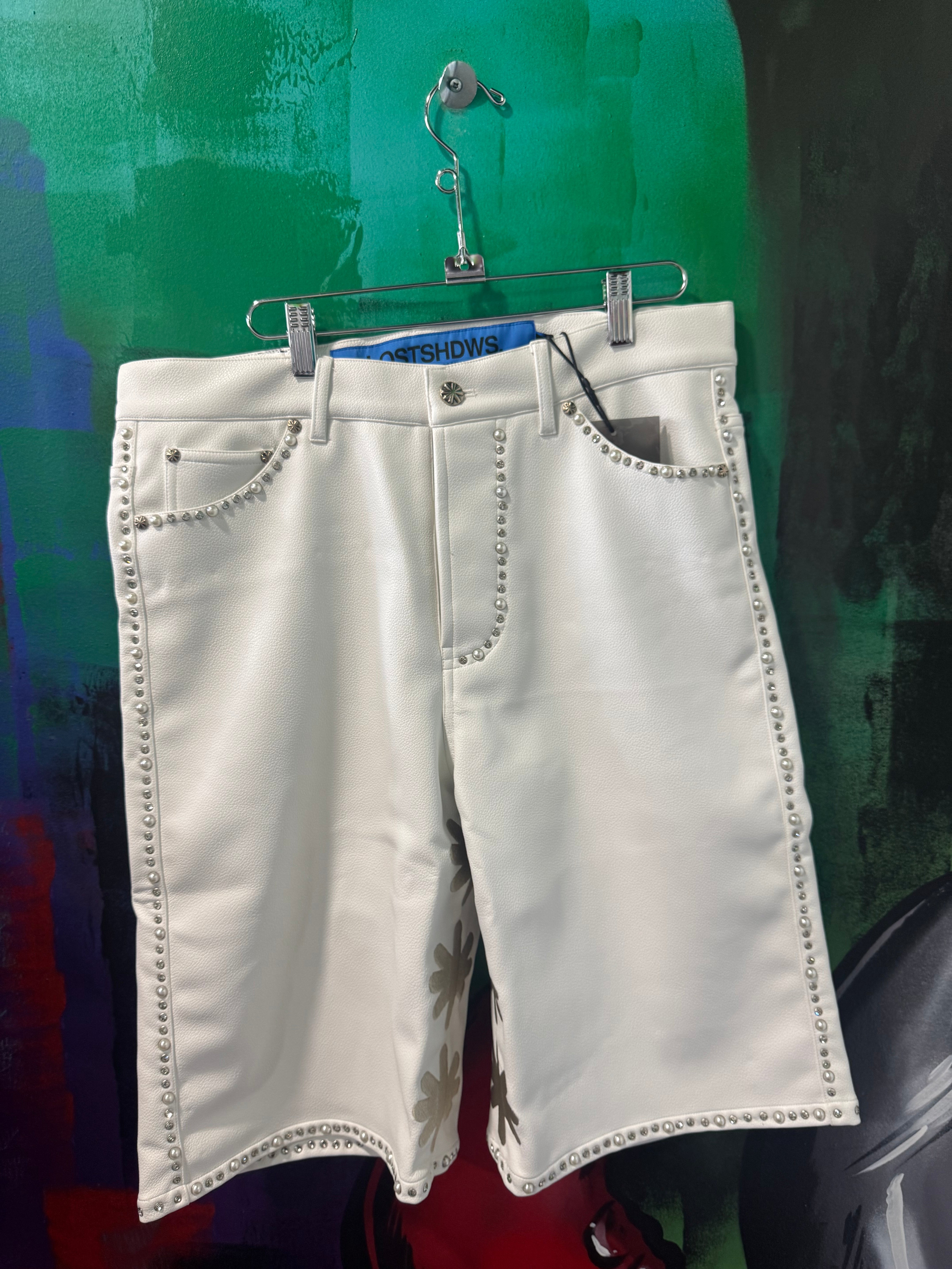 Lost Shdws Embellished Sun Logo White Leather Shorts