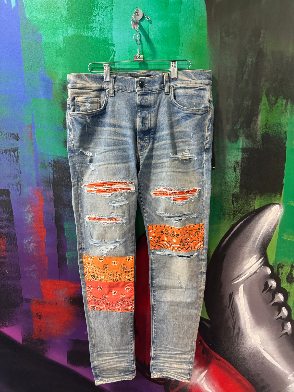 Amiri Blue Vintage Bandana Patch Skinny Jeans
