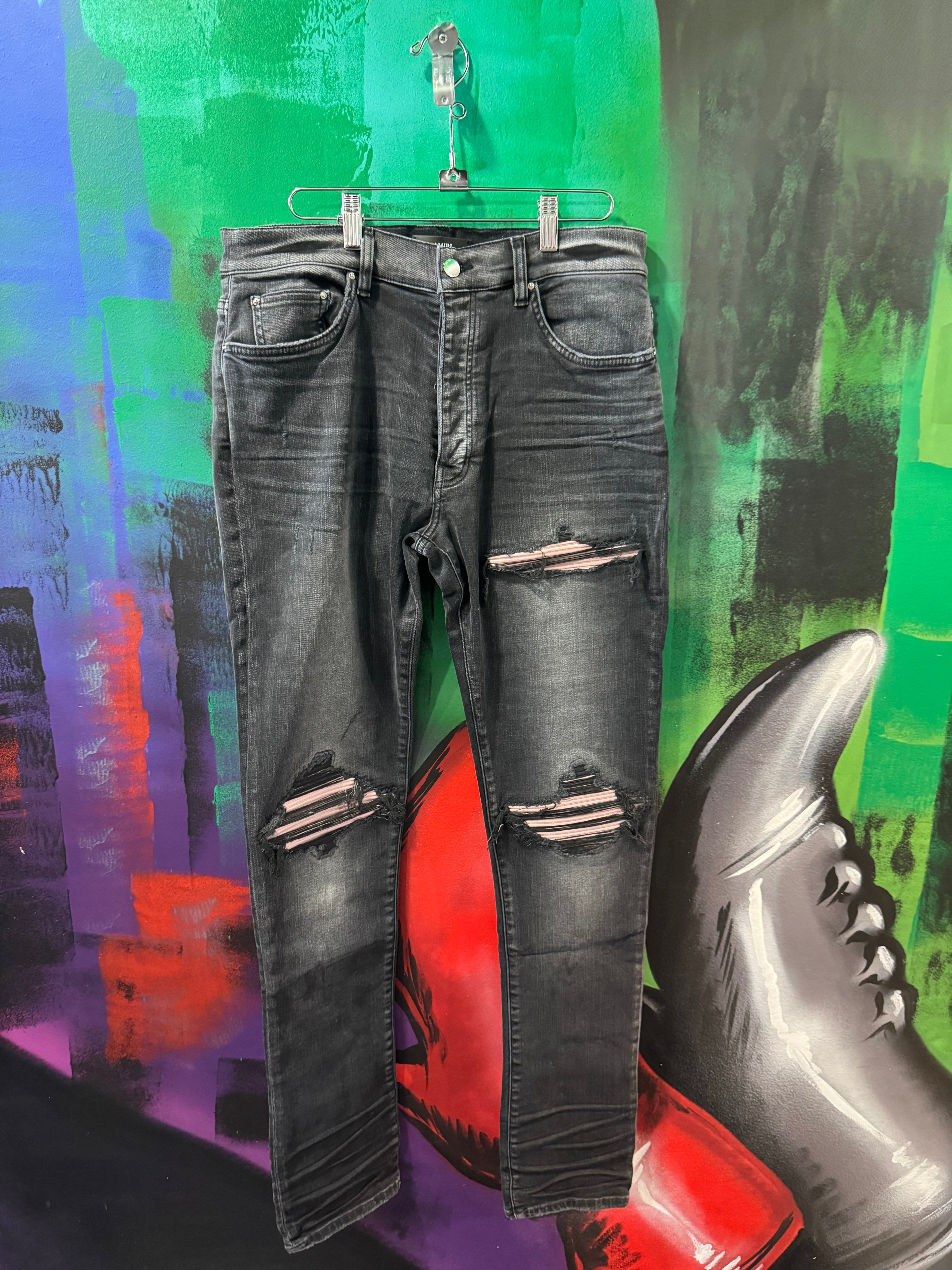 Amiri MX1 Pink Salmon Patch Black Jeans
