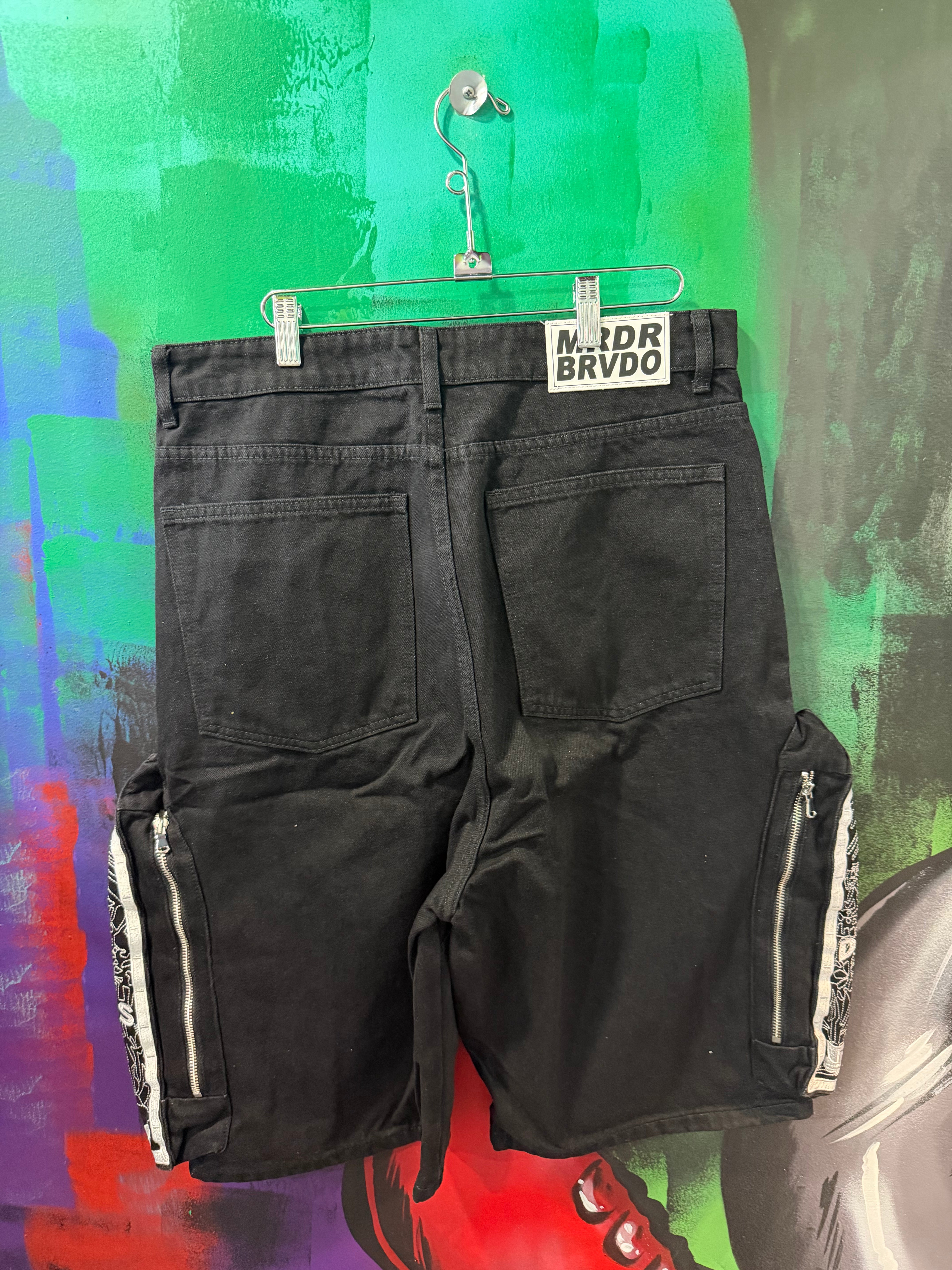 Who Decides War 'Side Embroidery' Black Coal Jean Shorts