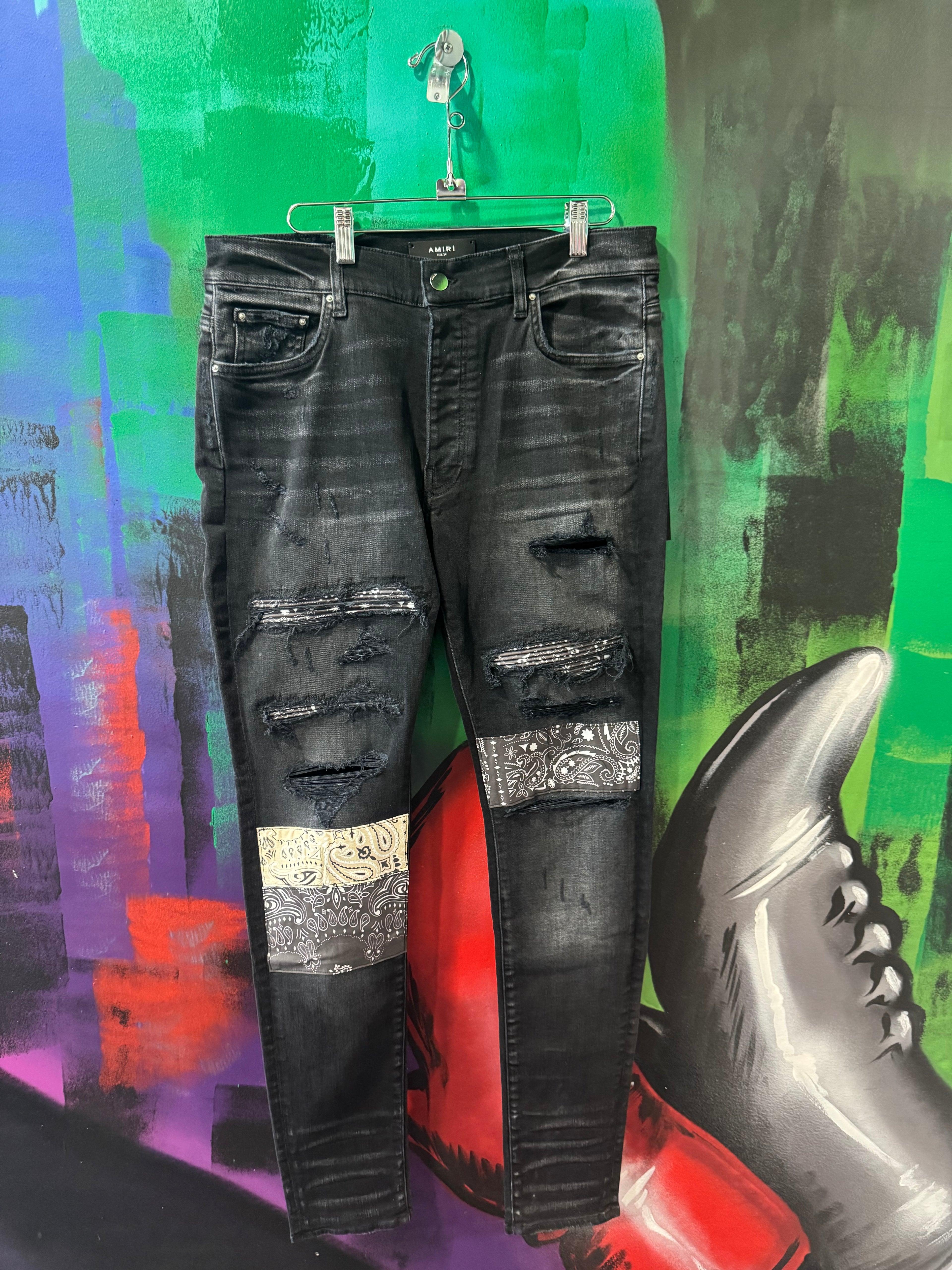 Amiri Black Bandana Art Patch Skinny Jeans