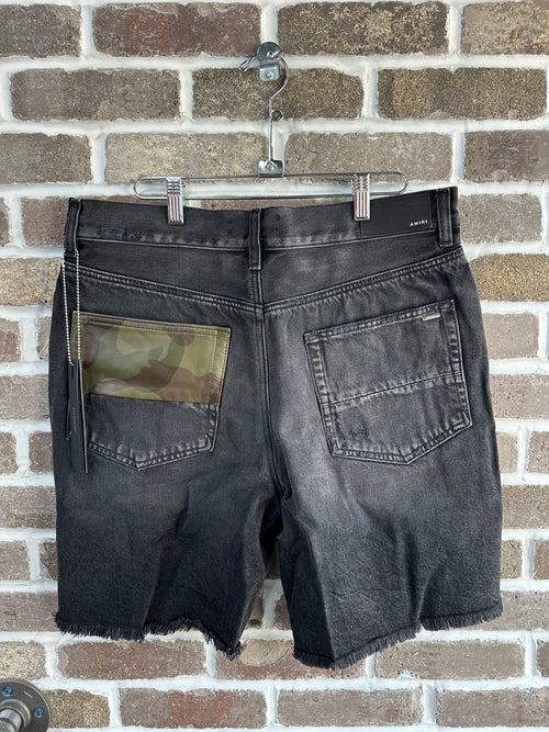 Amiri Aged Black Camo Patch Shorts