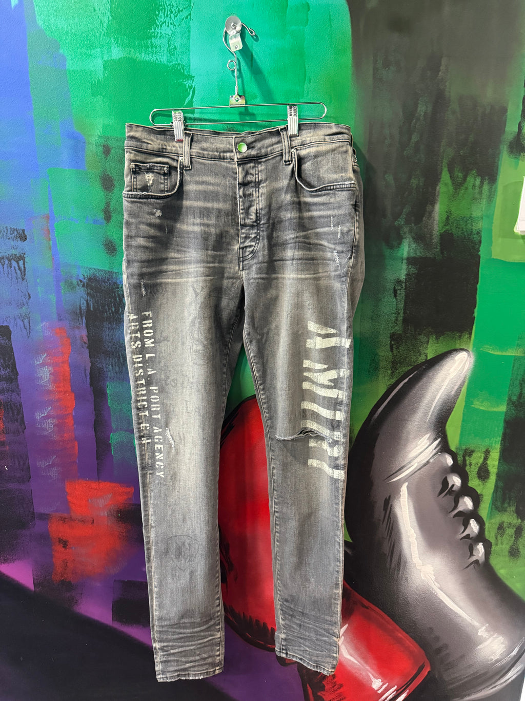Amiri Grey Military Stencil Skinny Jeans