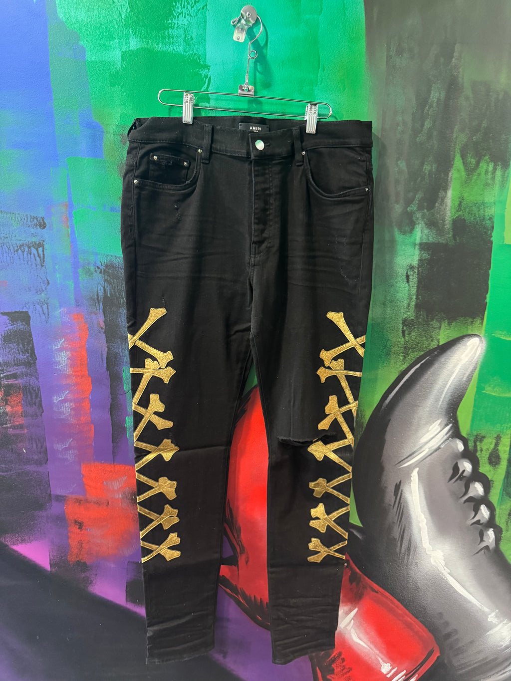 Amiri Gold Bone Black Skinny Jeans