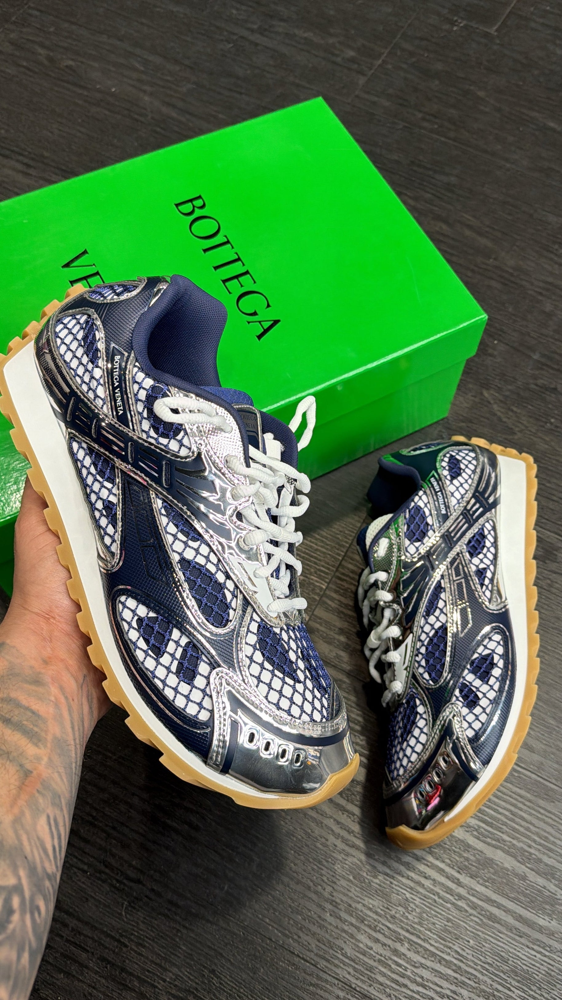 Bottega Veneta Silver/Navy Orbit Sneakers