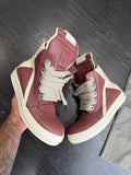 Rick Owens GeoBasket Jumbo Lace Hi Maroon & Milk Sneakers