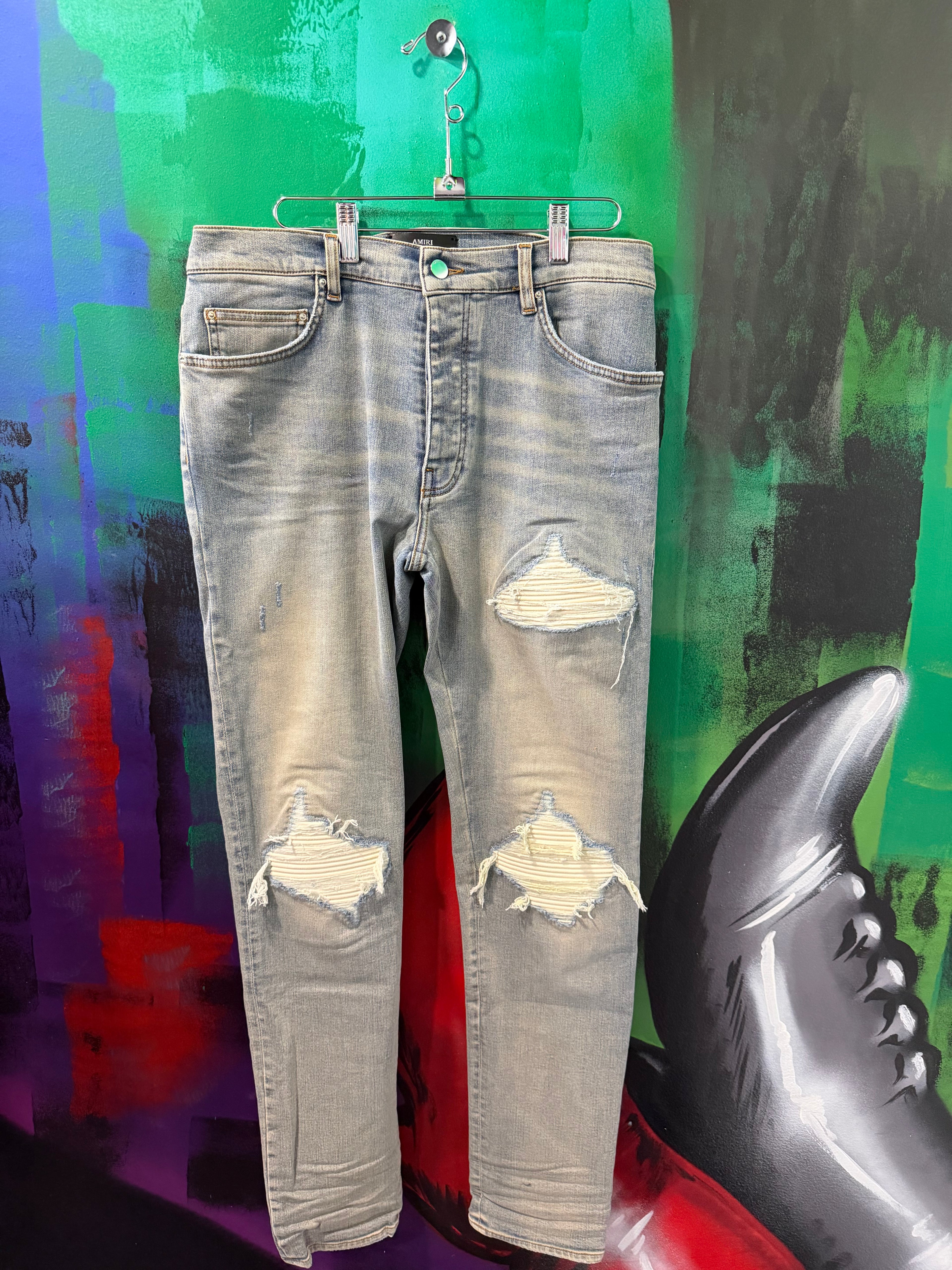 Amiri MX1 Light Wash & White Patch Jeans