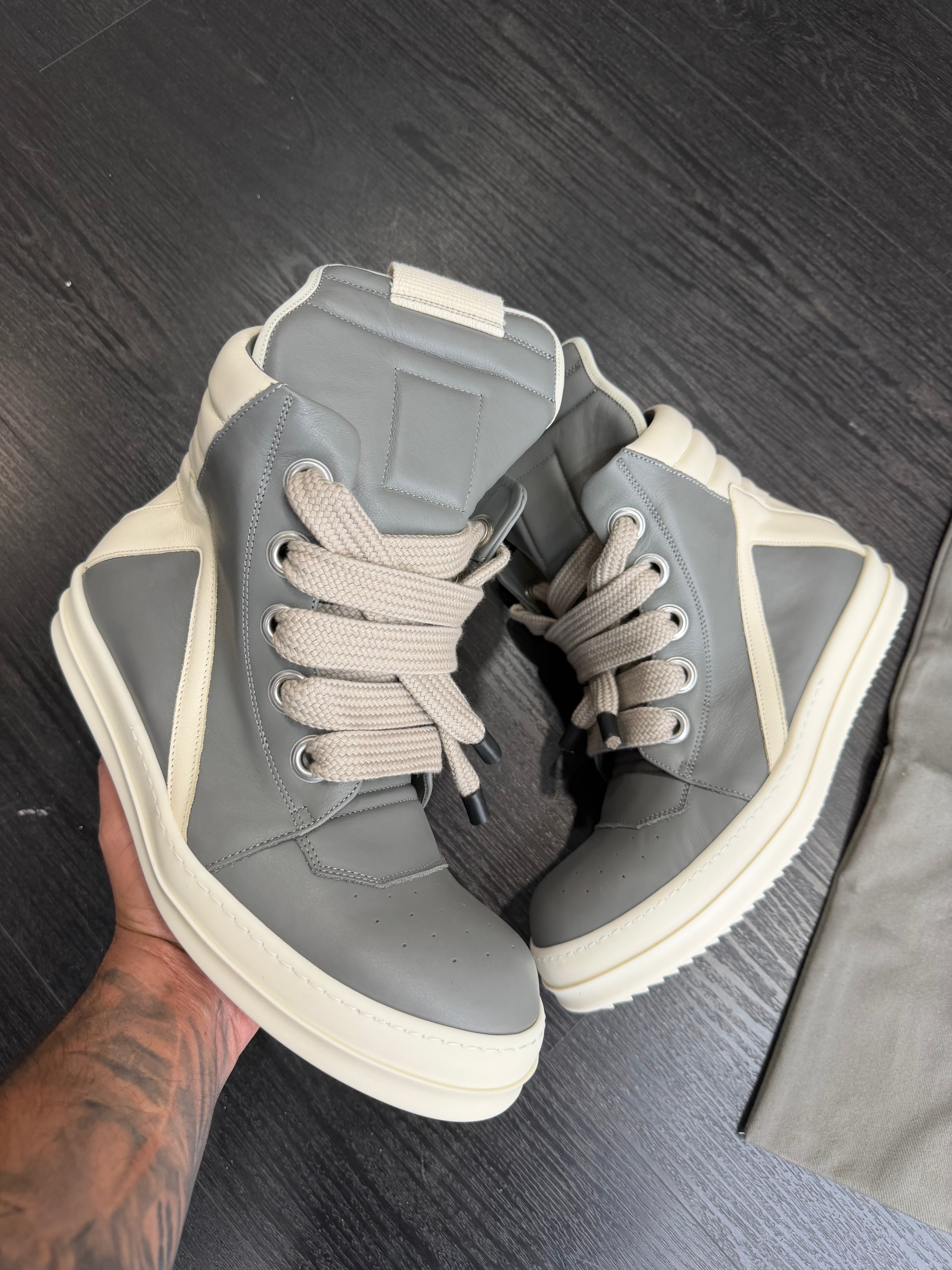 Rick Owens GeoBasket Jumbo Lace Hi Grey & Milk Sneakers