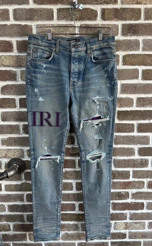 Amiri Light Wash Purple Serif Side Logo Jeans