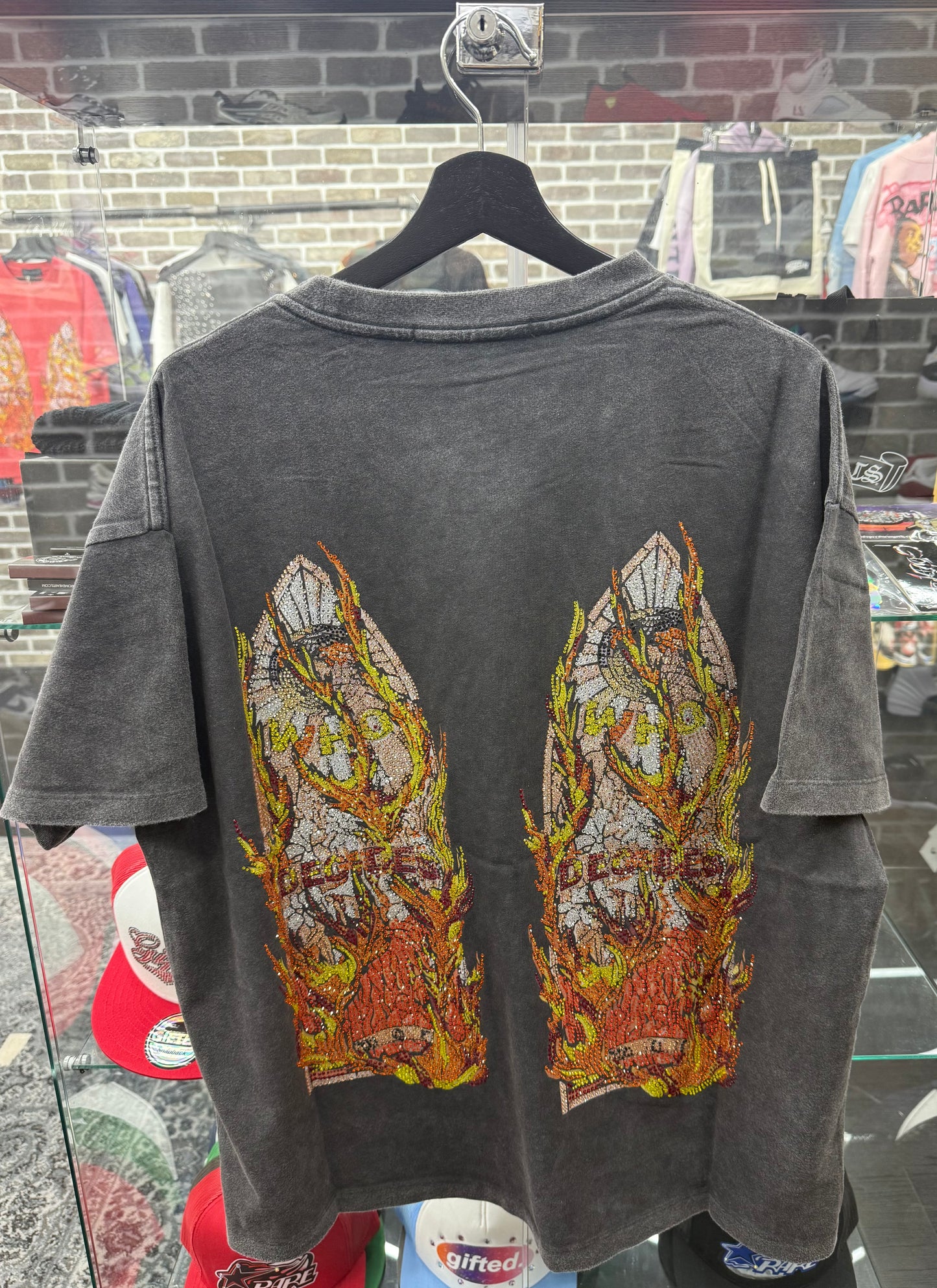 Who Decides War Flame Glass Rhinestone Black Tee