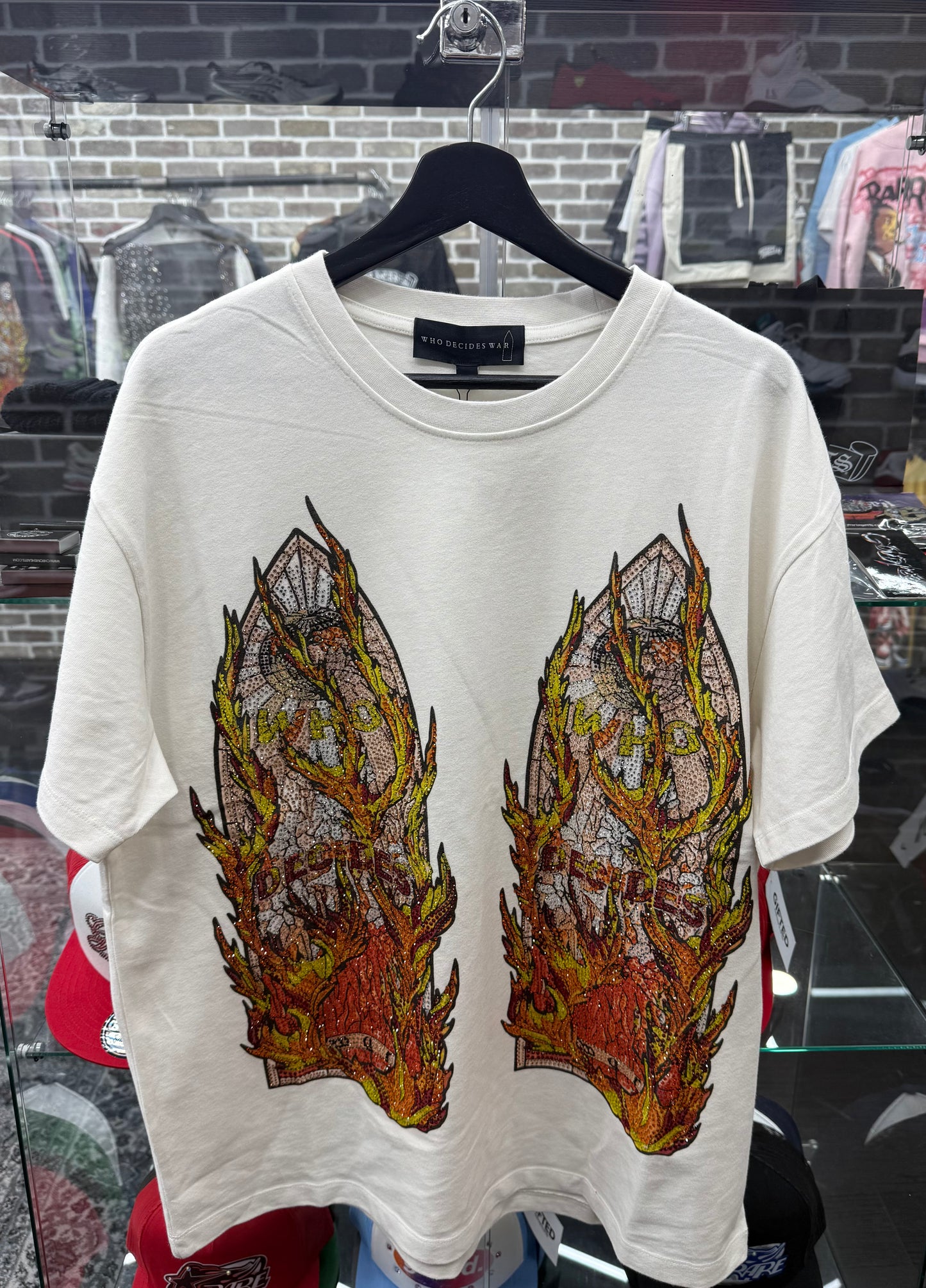 Who Decides War Flame Glass Rhinestone White Tee