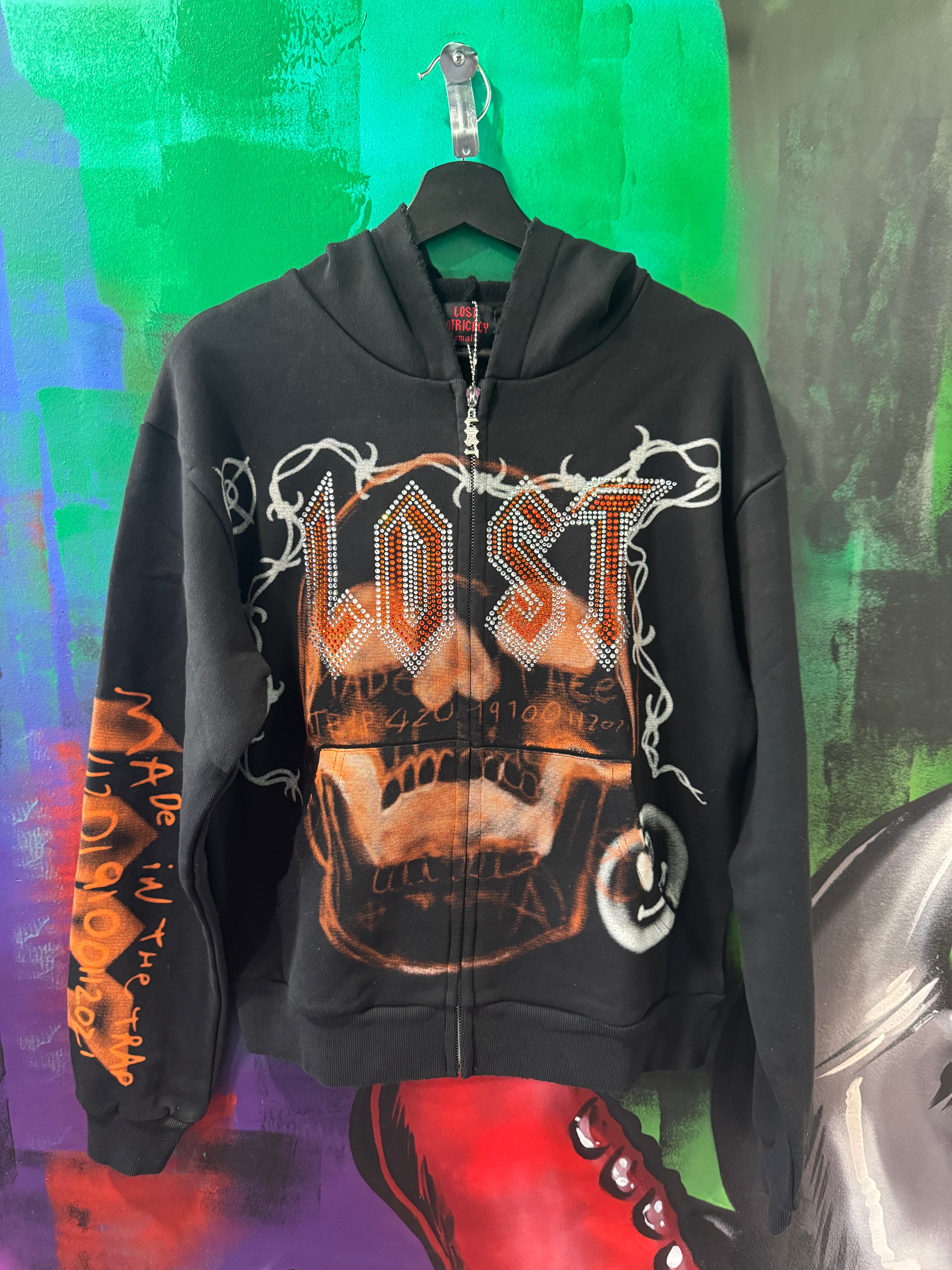 Lost Intricacy Skull Bound Orange Print Black Zip Up Hoodie