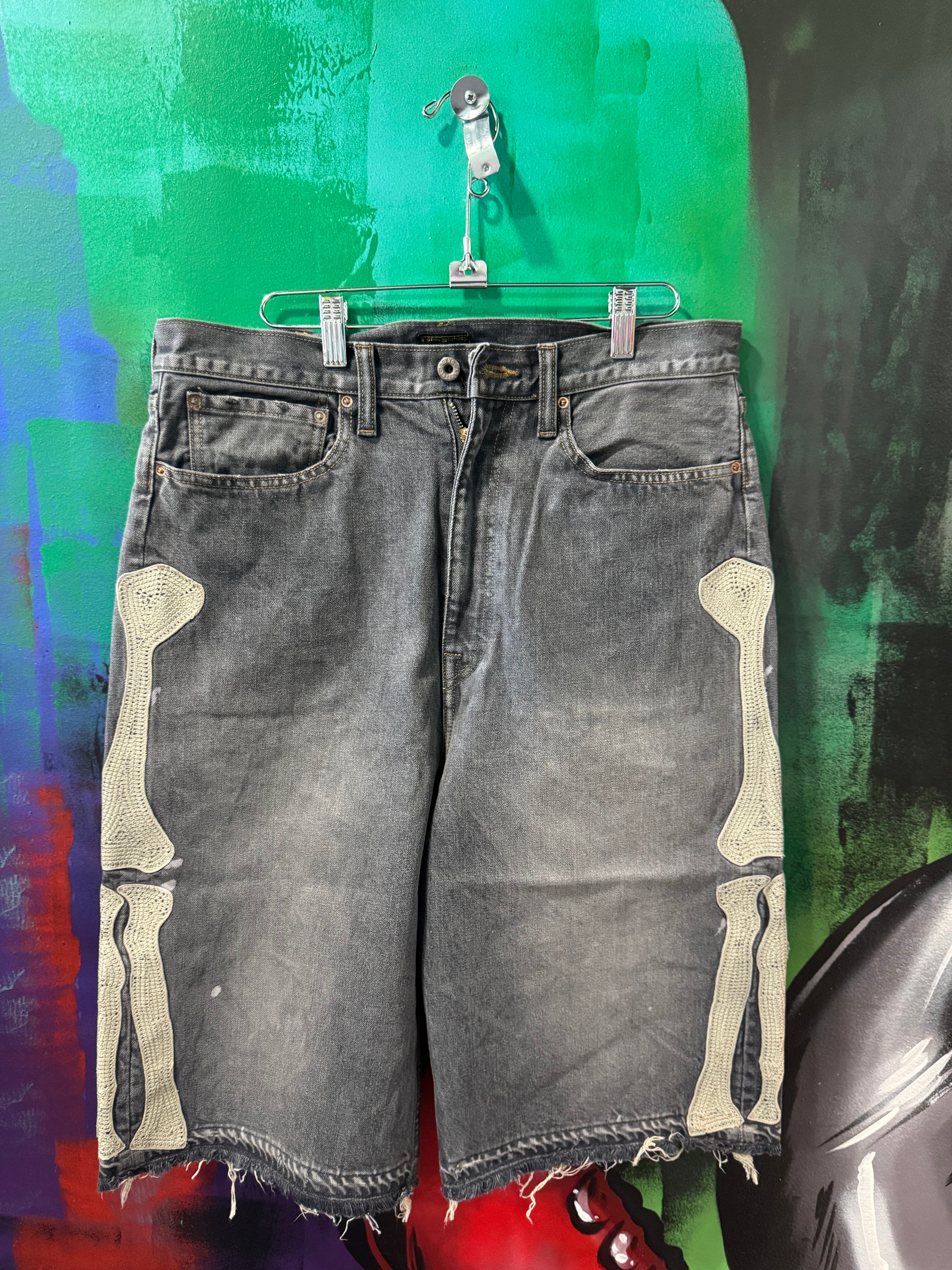 Kapital Bone Embroidery Black Wash Jean Shorts