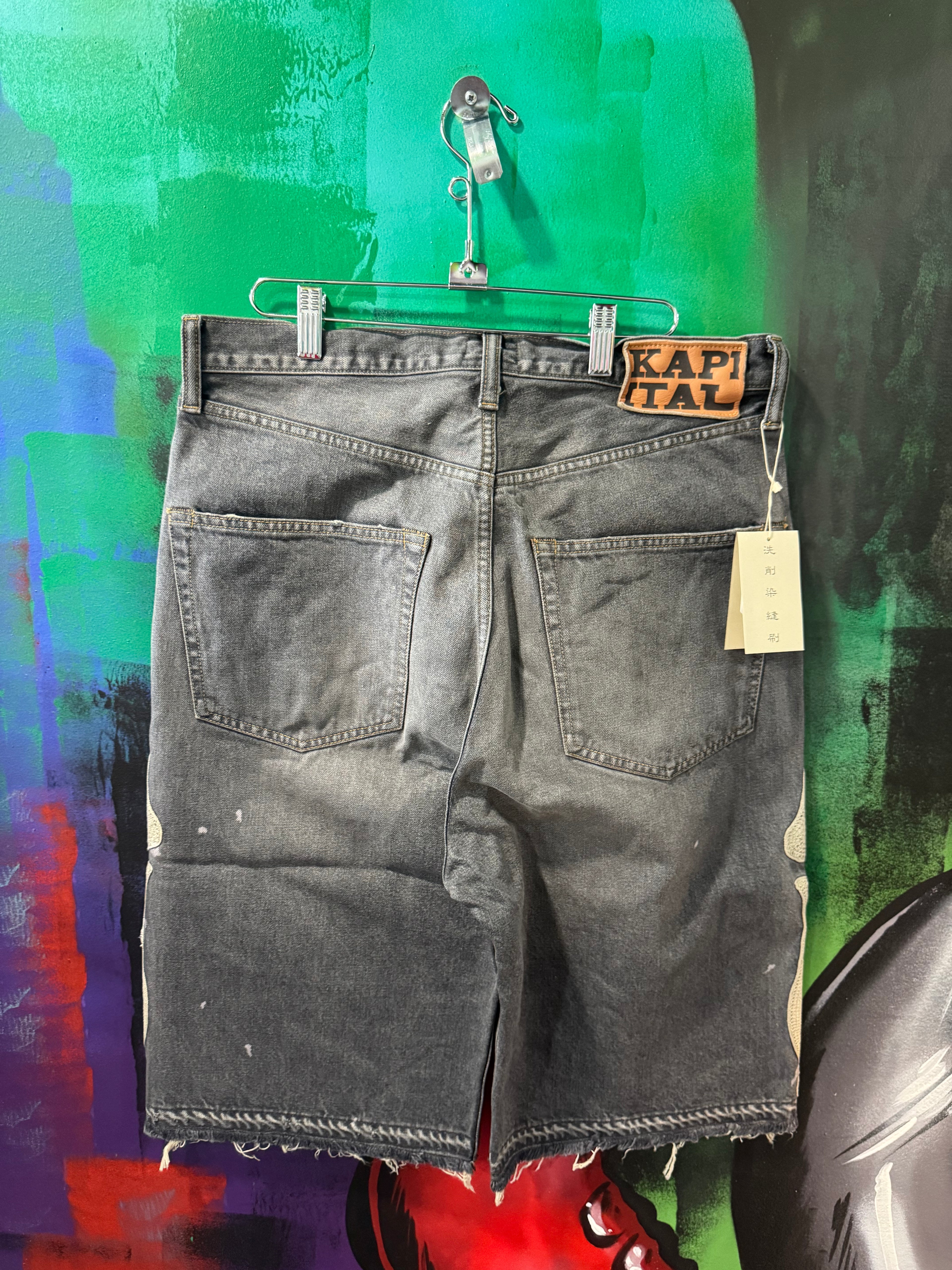 Kapital Bone Embroidery Black Wash Jean Shorts