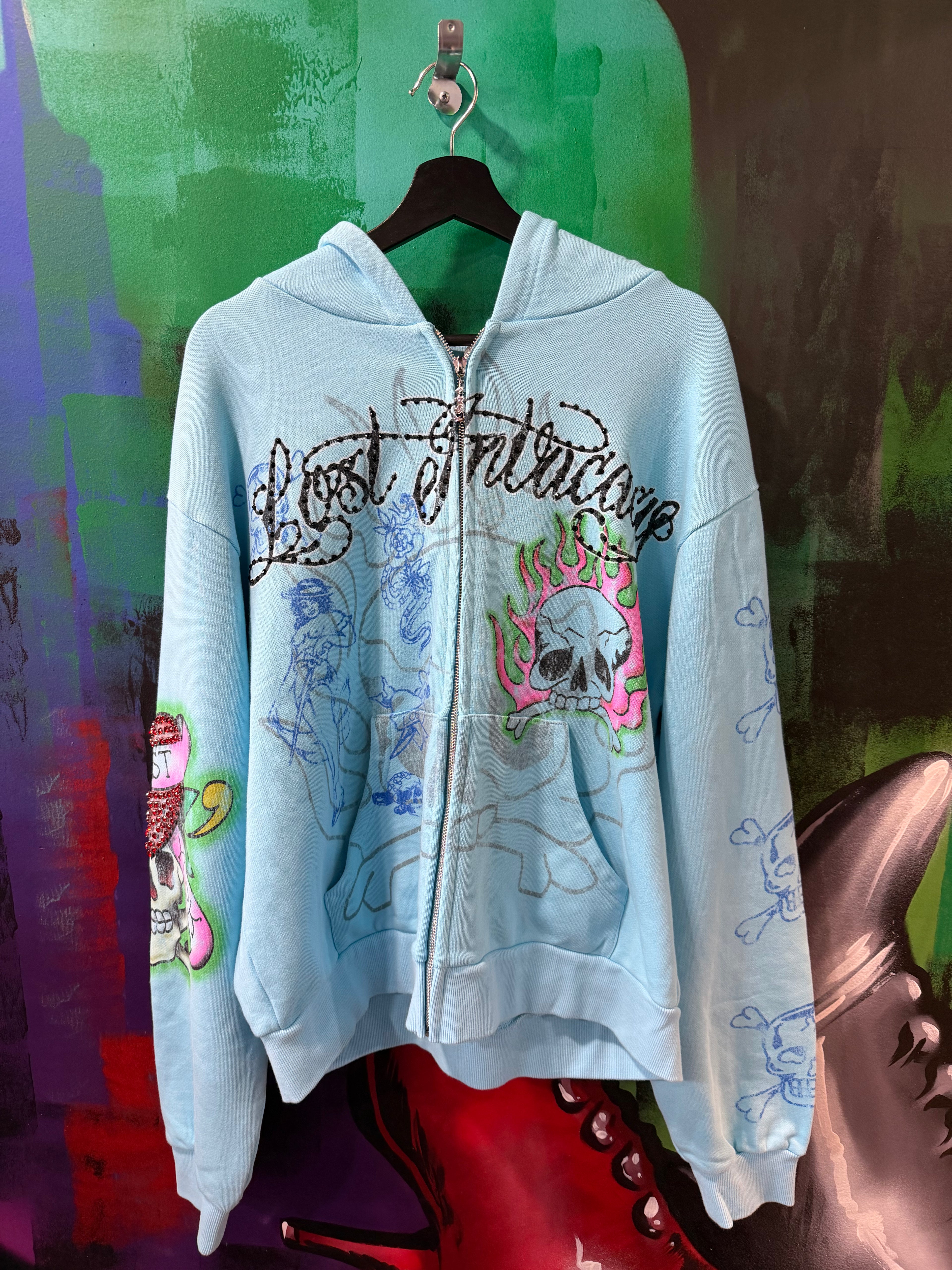 Lost Intricacy Ink & Bones Light Blue Zip Up Hoodie