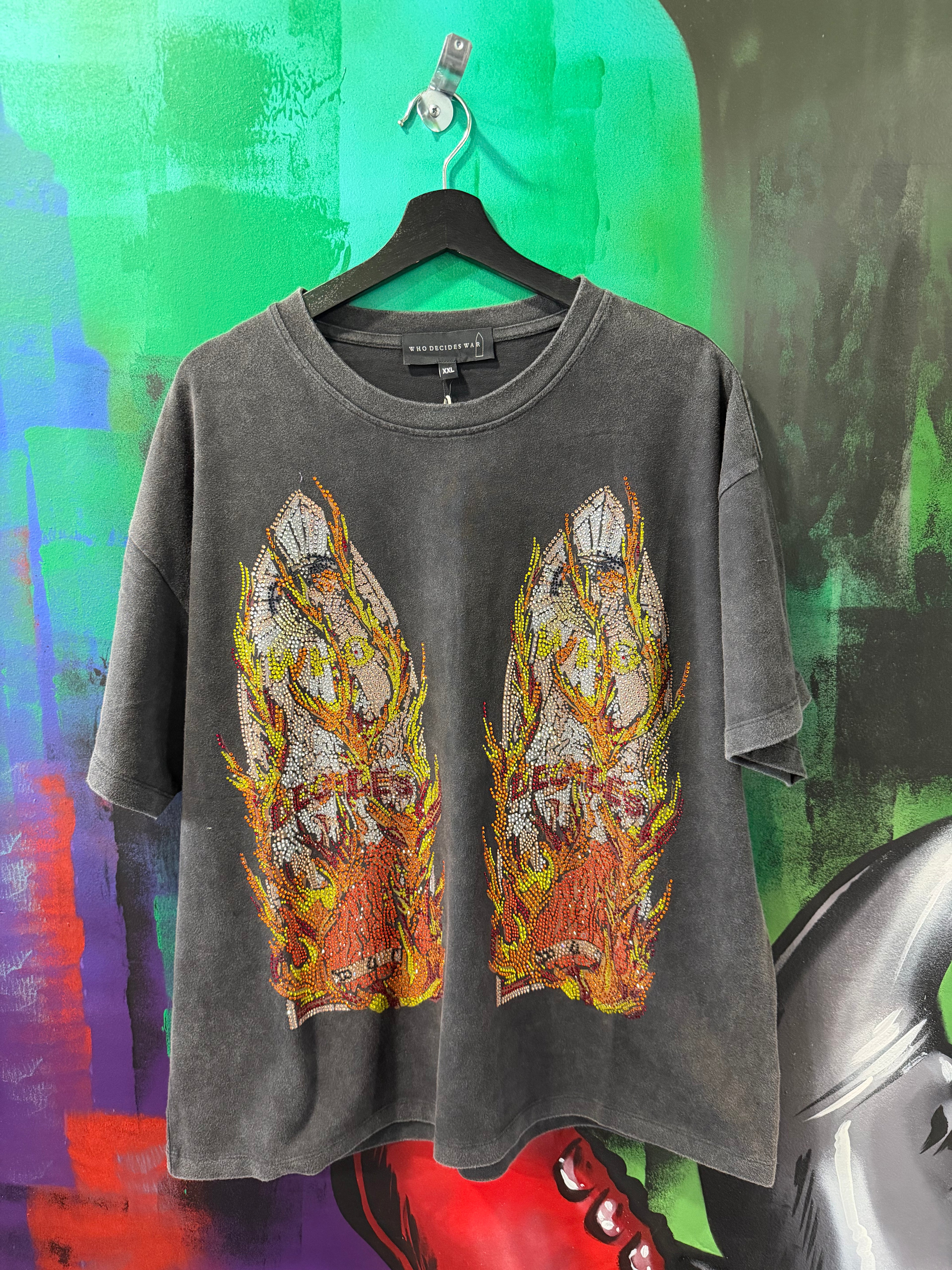 Who Decides War Flame Glass Rhinestone Black Tee