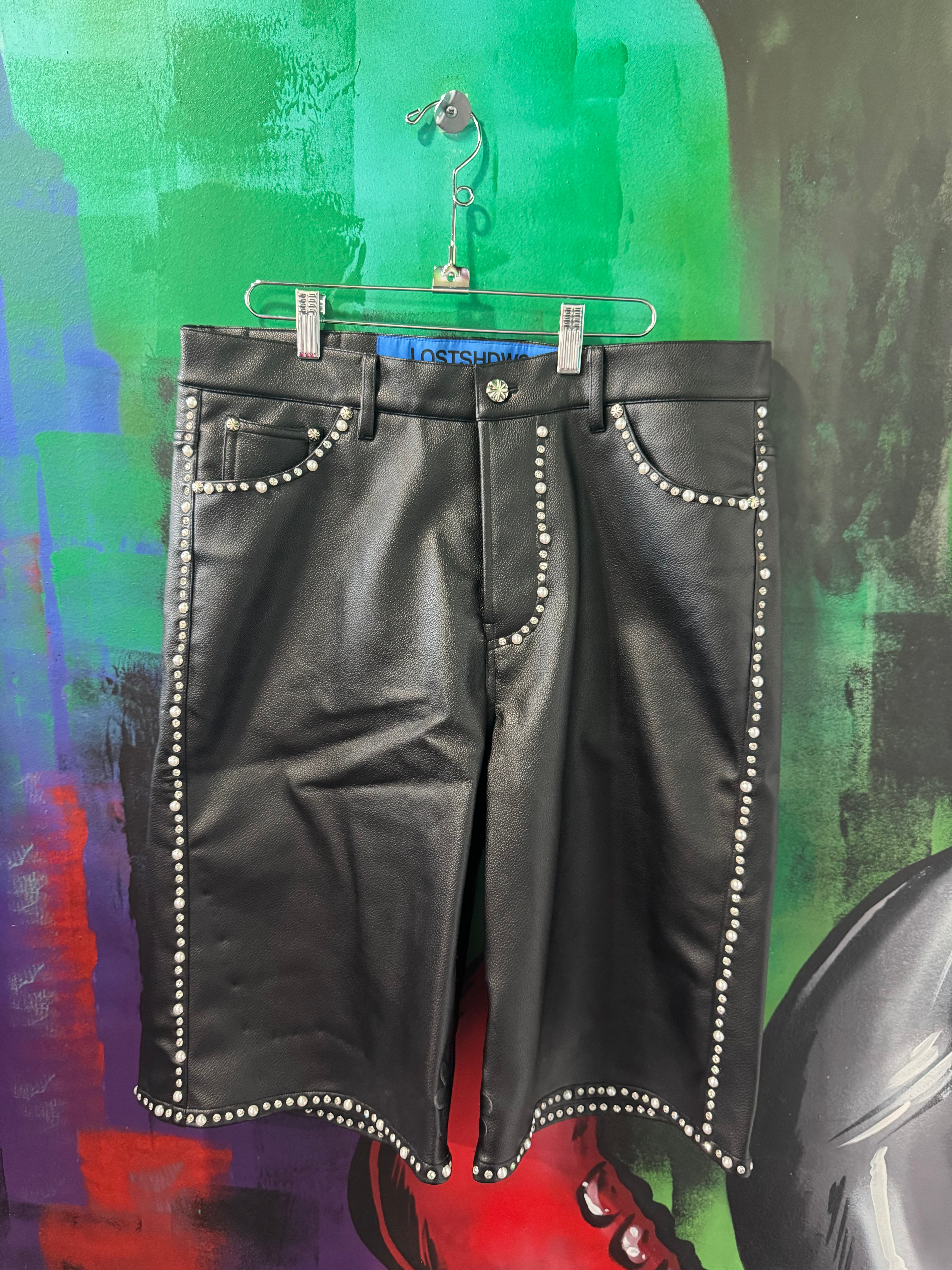 Lost Shdws Embellished Sun Logo Black Leather Shorts