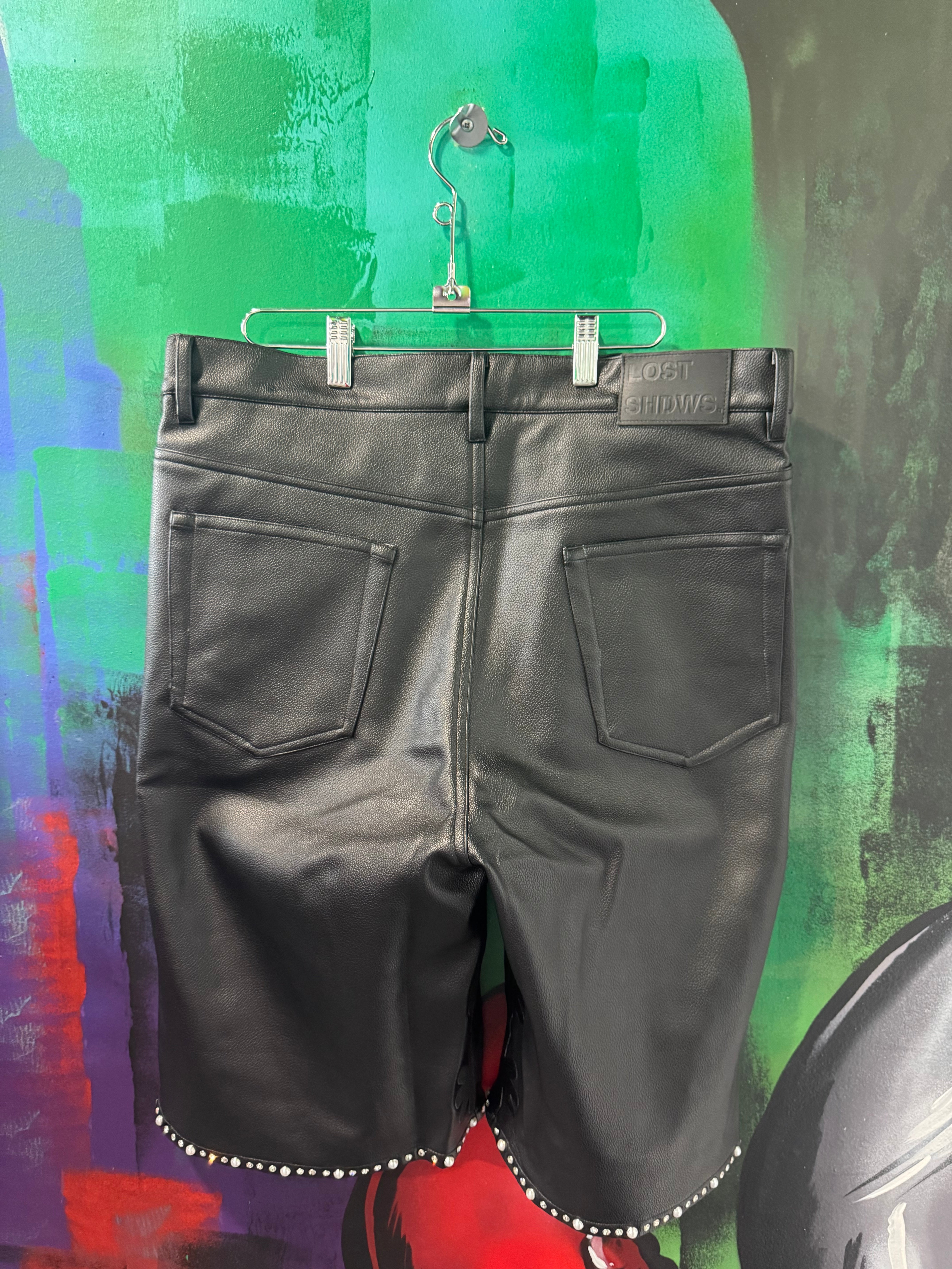 Lost Shdws Embellished Sun Logo Black Leather Shorts