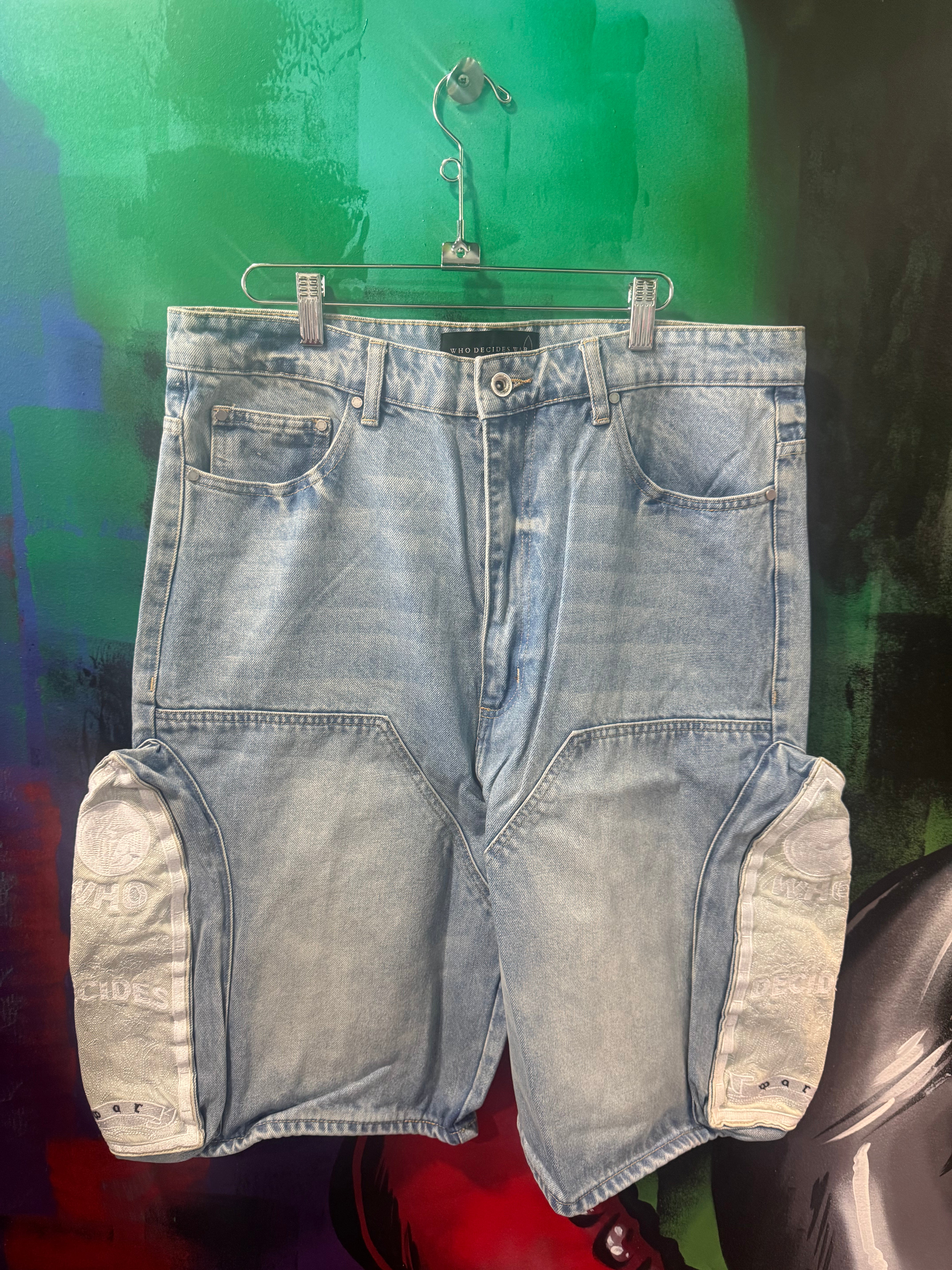 Who Decides War " Side Embroidery" Sky Blue Jeans Shorts