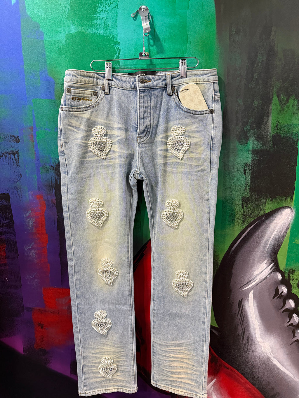 When Smoke Clears Light Wash Blue / Clear Diamond Denim Jeans