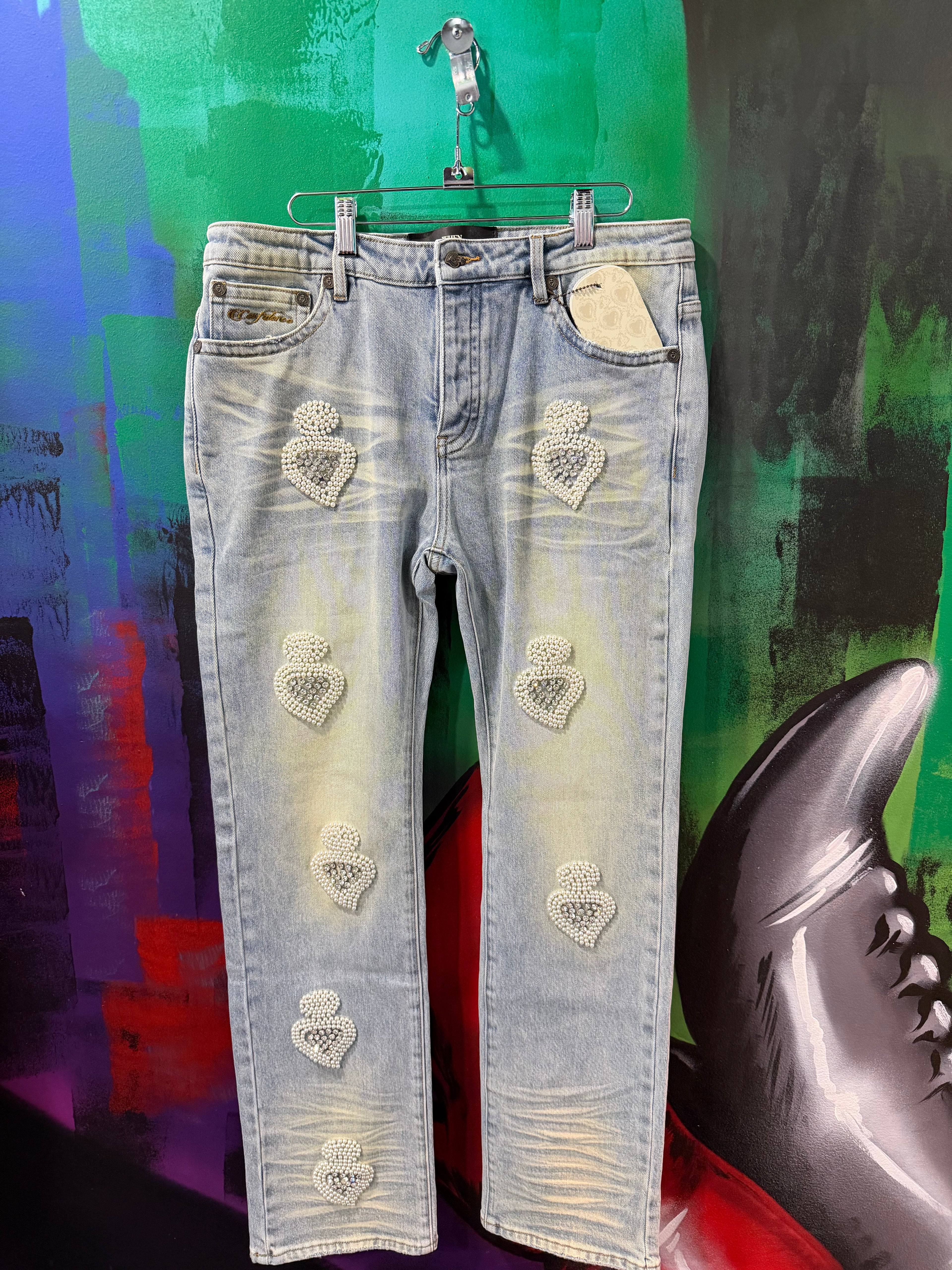 When Smoke Clears Light Wash Blue / Clear Diamond Denim Jeans