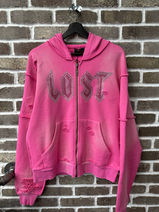 Lost Intricacy Distressed Pink Rhinestone Zip Up Hoodie