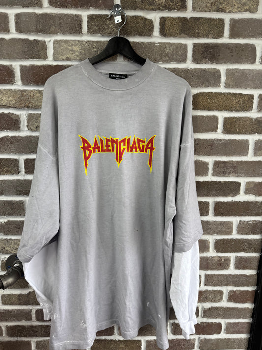 Balenciaga Gray Thermal Double SleeveRetro Logo Tee