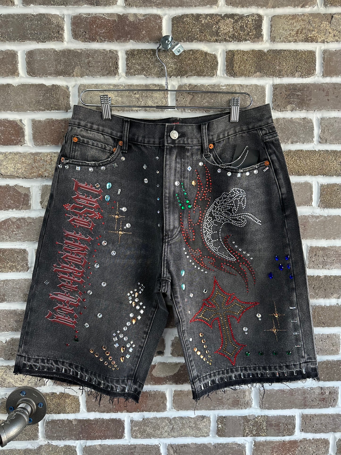 Lost Intricacy Snake Studded Denim Shorts Black Wash