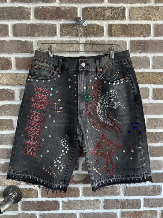 Lost Intricacy Snake Studded Denim Shorts Black Wash